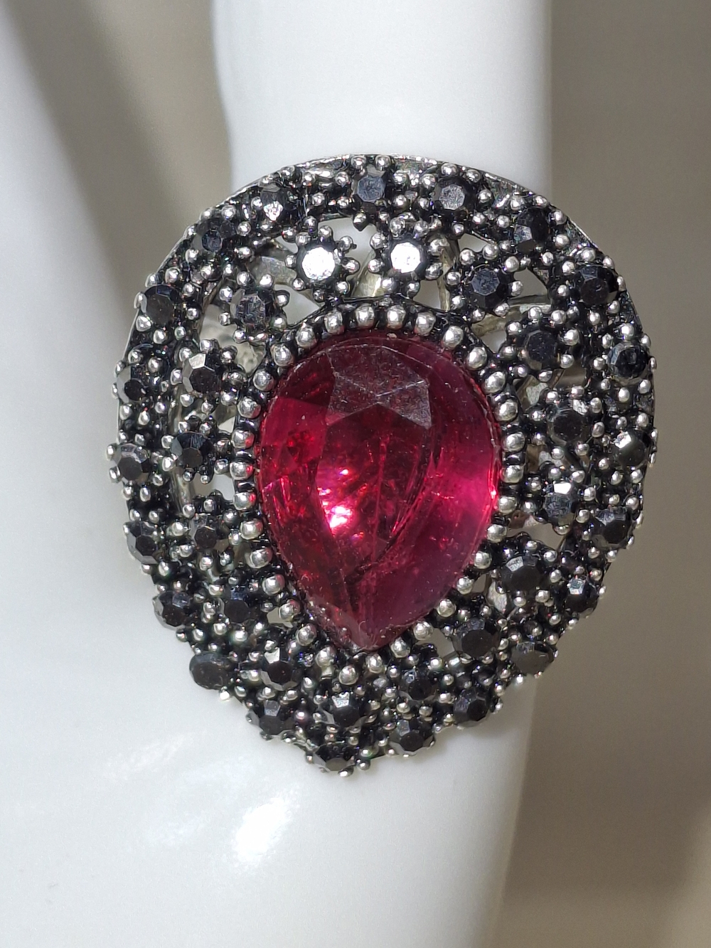 Cocktail Ring - Teardrop Pink Crystal Statement Ring in Silver-Tone